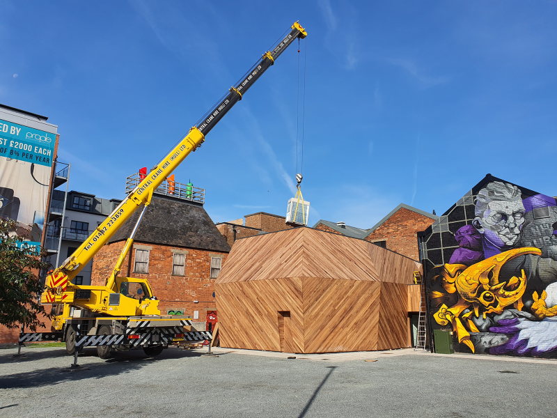 Fujitsu Airstage V-III being lifted onto roof plant compound.